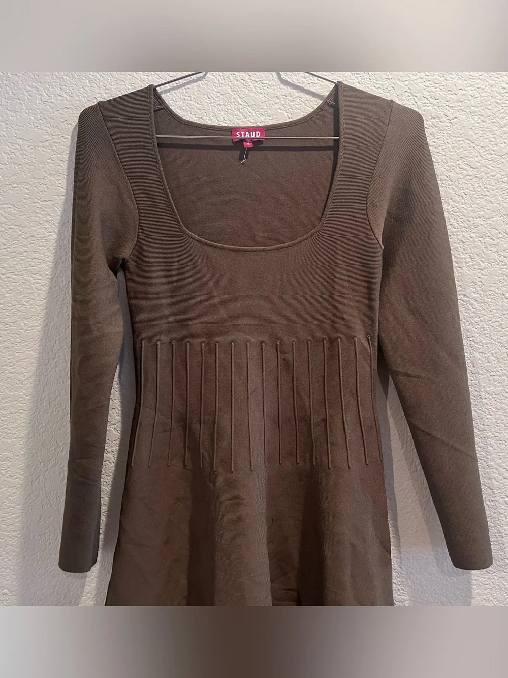 STAUD - Deora Square Knit Long Sleeve Pleated Mini Dress - sergeant green - Med - Picture 7 of 13